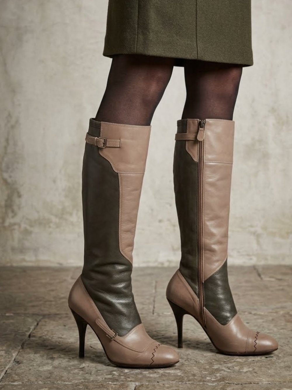 Salvatore Ferragamo Lucca Brown Alpaca Calf Leather Boots Colorblocked Sz. 9.5 B